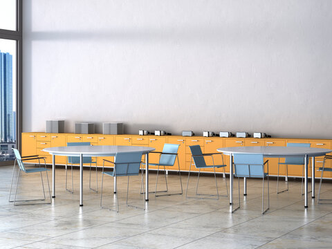 3D rendering of empty modern office with virtual reality headset