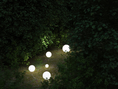 Glowing spheres illuminating a dark forest at night