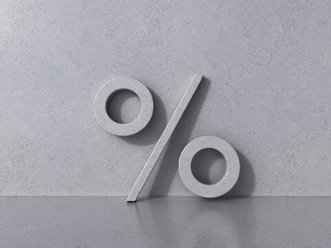 3D rendering of a concrete percent sign leaning against a grey wall