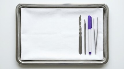 Naklejka premium Surgical tray with instruments including scalpel forceps and marker on white cloth