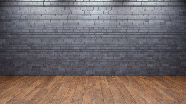 Empty modern room with dark tiled wall and wooden floor