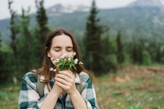 Tourist sniffs mountain flower at Mountain Zelenaya Sheregesh