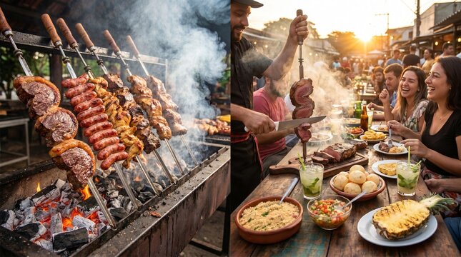 A vibrant split-image collage showcases a traditional Brazilian churrasco barbecue, with skewers of succulent meat grilling over open flames on the left.