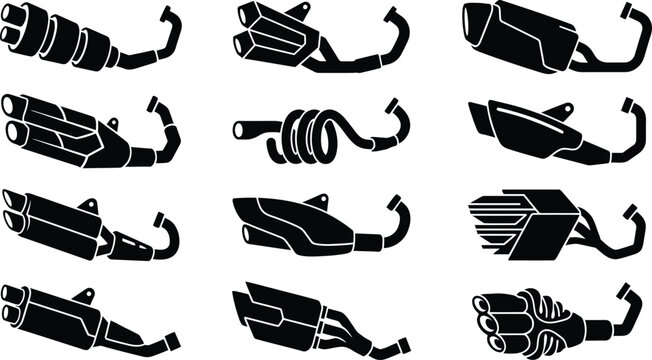 Black and white stylized vector icons of various exhaust pipes and mufflers Vector