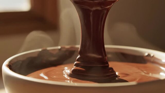 Cinematic macro loop of rich, glossy chocolate brigadeiro mixture being lifted by a wooden spoon, with subtle steam rising against a warm background.