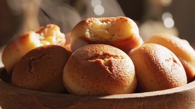 Cinematic macro loop of golden, fresh Brazilian cheese bread in a wooden basket, with soft steam rising gently from the hot, crispy crust.