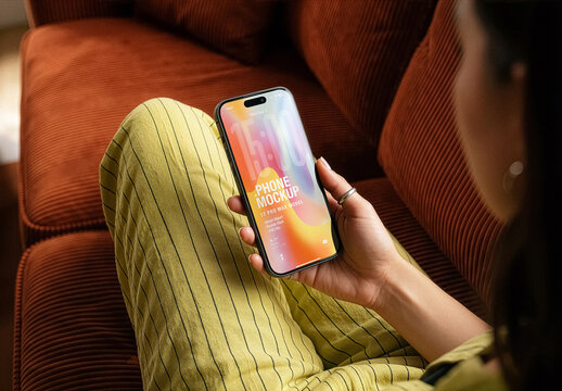 Phone Screen Mockup In Woman Hand. Lifestyle Smartphone Presentation