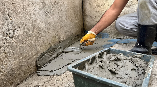 Construction worker applying cement mortar or waterproofing slurry to concrete basement wall using trowel