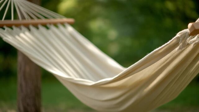 White Fabric Hammock Gently Swaying in Sunlit Green Garden