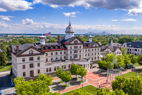 Widener University Pennsylvania &mdash; Old Main Dome Aerial with Commodore Barry Bridge and Delaware River