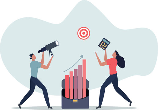 Cartoon tiny people search marketing information, analyze algorithms and statistic data with telescope.life situation and activities.