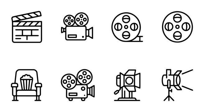 Film Icons Set: Cinema Camera, Projector, Clapperboard, Movie Reel, Theater Seat, Spotlight Graphics