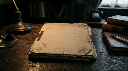 Fotobehang Vintage Old vintage paper on a dark wooden desk with antique books and a lamp in a dimly lit study room setting perfect for writing historical stories or letters  © Hamida