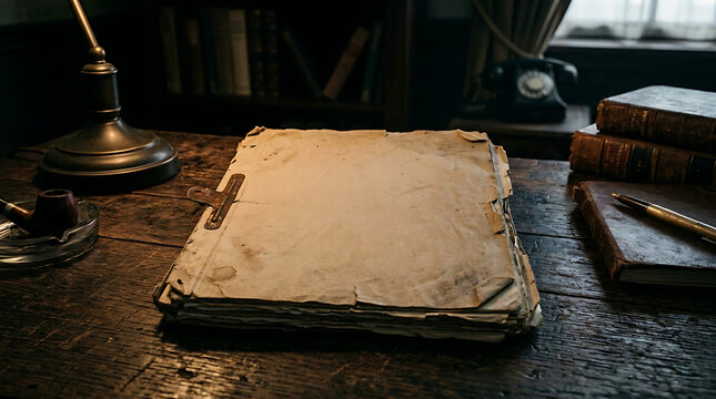 Old vintage paper on a dark wooden desk with antique books and a lamp in a dimly lit study room setting perfect for writing historical stories or letters
