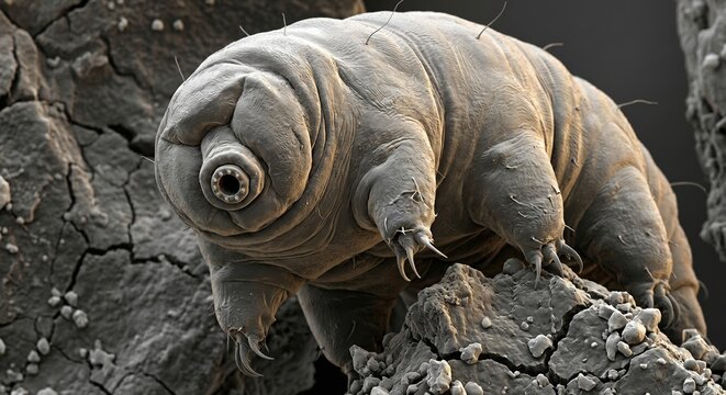 Detailed scanning electron microscope style render of a tardigrade