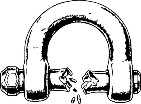 Broken clevis shackle bolt representing failure or escape