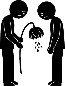 Stick figures mourning a wilted drooping flower