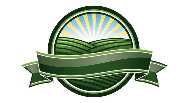 Green Agriculture Logo Emblem with Rolling Hills Vineyard and Sunburst Background with Blank Ribbon Banner
