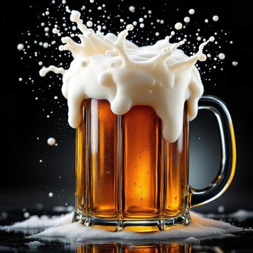 Close-up of a frothy beer mug with foam splash on dark background