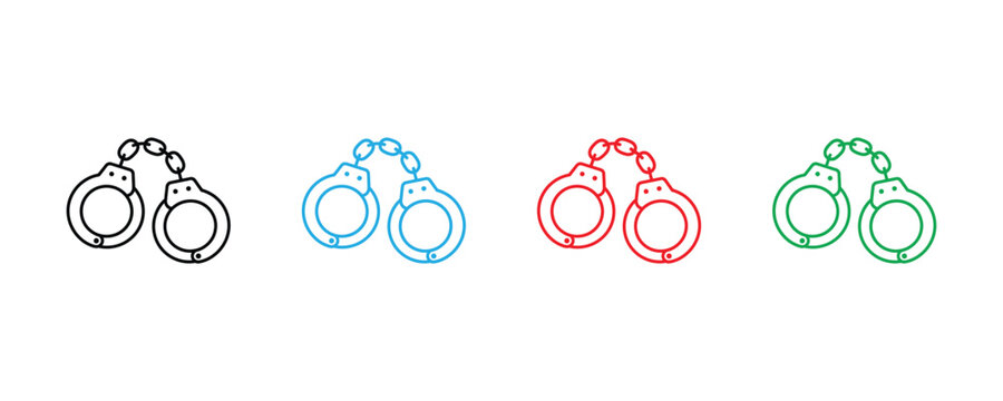 Handcuffs police arrest and criminal justice icon set. Law enforcement restraint, prison jail confinement, crime punishment guilt symbol. Vector Illustration