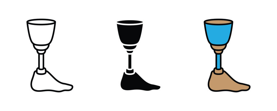 Prosthetic leg and artificial limb icon set. Medical disability rehabilitation, orthopedic bionic foot amputation, healthcare physical therapy symbol. Vector Illustration