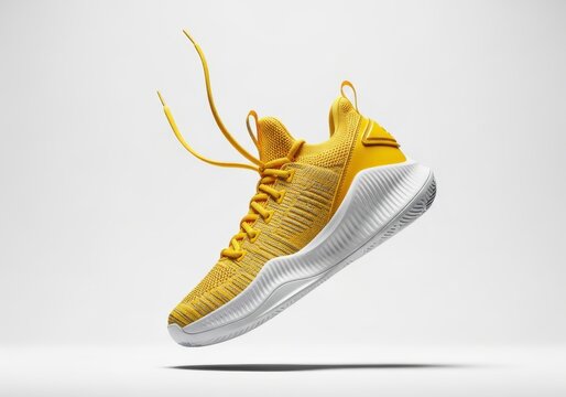 Vibrant Yellow and White Athletic Sneaker Floating in Mid-Air Against a Clean Minimalist Studio Background