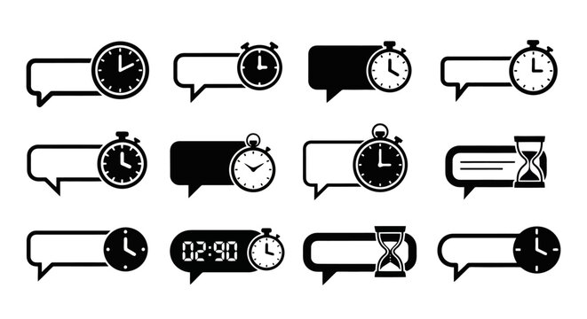 Black and white chat bubble icons with clocks and time symbols.