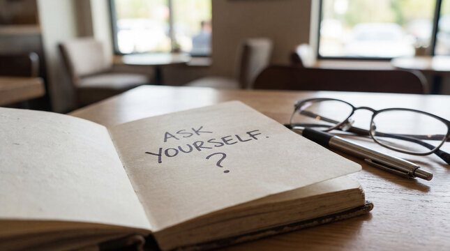 Ask yourself for self reflection and introspection, writing questions in a notebook with a pen and glasses on a cafe table