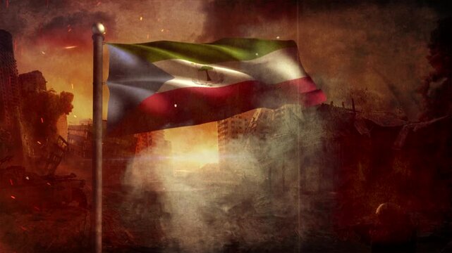  Equatorial Guinea Flag with Cinematic Apocalypse Scene and Burning City