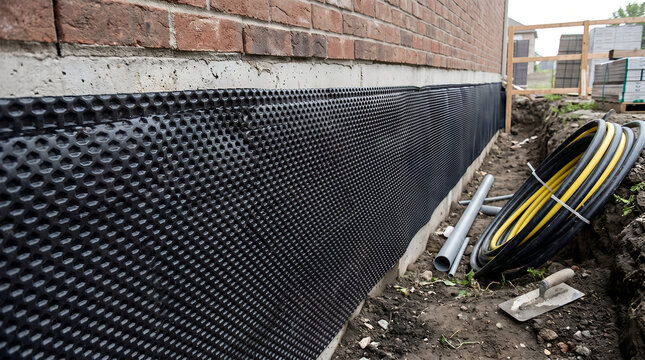 House foundation waterproofing with black dimpled plastic membrane and drainage pipes at construction site