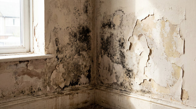 Interior wall corner showing severe black mold, peeling paint, and water infiltration. Fungus growing on damp surfaces