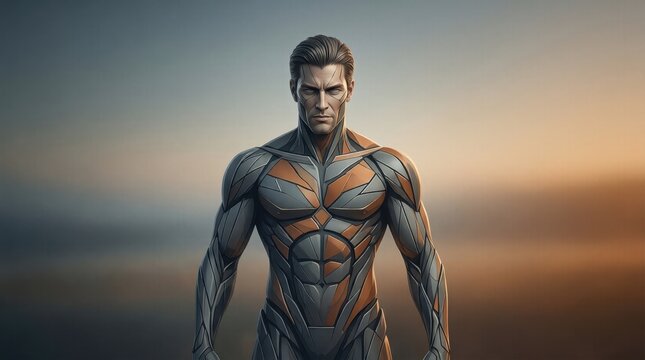 Muscular figure stands amid golden sunrise glow