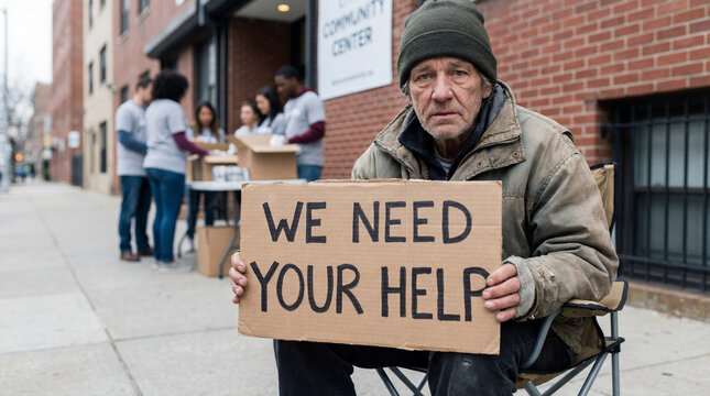 Homeless man holding we need your help sign, facing poverty and seeking assistance from community center volunteers