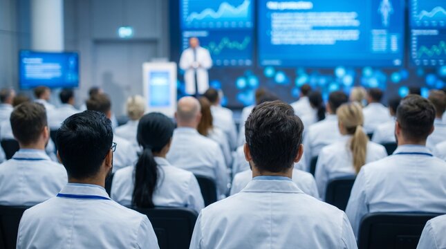 R&uuml;ckansicht von &Auml;rzten in wei&szlig;en Kitteln, die an einer medizinischen Konferenz teilnehmen. Publikum von medizinischem Fachpersonal bei einer Fortbildung in einem modernen Auditorium