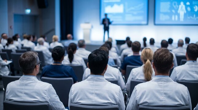 Vista traseira de m&eacute;dicos em jalecos brancos assistindo a uma palestra em um simp&oacute;sio m&eacute;dico. Foco na plateia de profissionais de sa&uacute;de durante confer&ecirc;ncia de educa&ccedil;&atilde;o continuada, com palestrante 