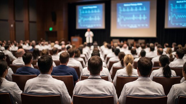  Vista posterior de una multitud de m&eacute;dicos en batas blancas asistiendo a una conferencia m&eacute;dica. Audiencia de profesionales de la salud en un simposio en un gran auditorio, con un presentador