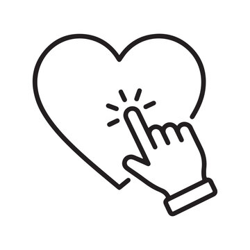 Minimalist black line art icon of a hand pointer clicking a heart, representing social media interaction, love, likes, and favorites.