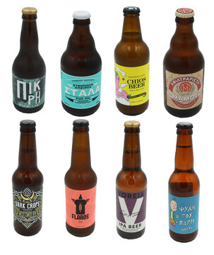 Collage of different Greek beers, mainly indian pale ale produced by micro breweries. In the last decade Greek microbreweries have bloomed, producing high quality beers. 