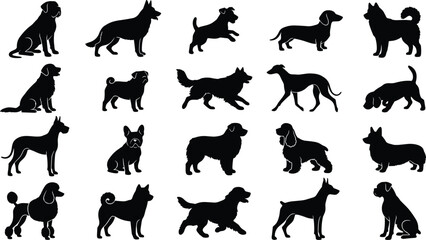 Collection of Dog Breed Silhouette Icons Set Featuring Various Domestic Canine Poses and Profiles