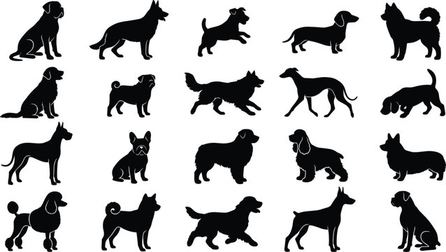 Collection of Dog Breed Silhouette Icons Set Featuring Various Domestic Canine Poses and Profiles