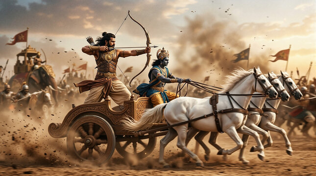 Epic battle scene with warriors riding chariot and shooting arrows in midst of dust and chaos. Chariot race features skilled archers and powerful horses amid intense action.