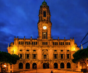 Fototapeta premium Illuminated Porto City Hall at Night in Portugal