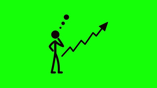 Stick figure character thinking about a rising financial growth chart in this minimalist 4k animation sequence featuring smooth motion and clean lines for professional business presentations 