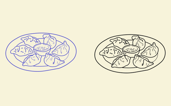 Dumplings on Plate Line Art Illustration Set, Hand Drawn Momo Dim Sum Outline Vector