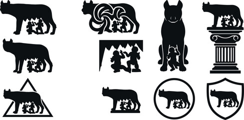 Capitoline Wolf Silhouette Collection with Romulus and Remus Mythology Symbols, Ancient Roman Emblems, and Historic Vector Icons Set © Priyanka