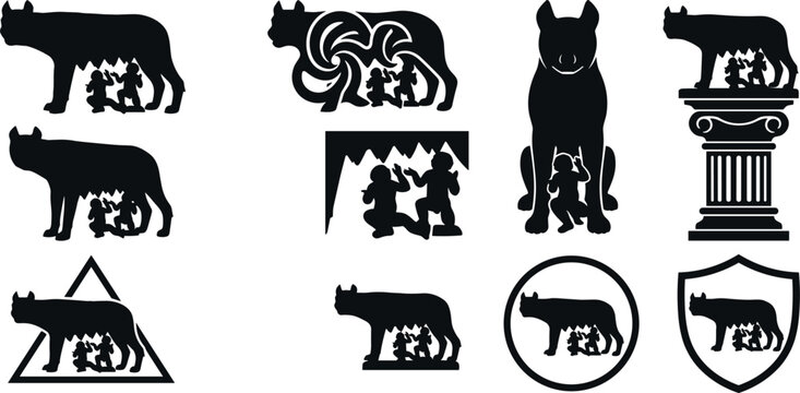 Capitoline Wolf Silhouette Collection with Romulus and Remus Mythology Symbols, Ancient Roman Emblems, and Historic Vector Icons Set