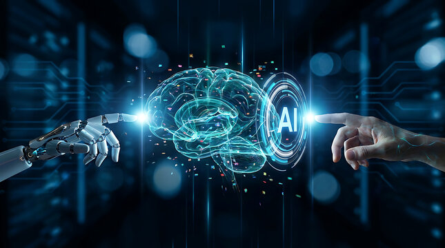 Human and robotic hands pointing towards a glowing digital brain with AI icon in a futuristic data center background representing artificial intelligence.