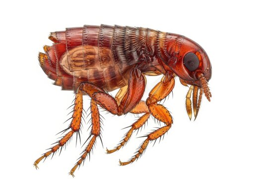 Detailed Close-up of a Common Flea (Siphonaptera) Isolated on White Background for Educational and Medical Purposes