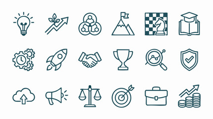 Fototapeta premium Business and Success Line Icons Set: Innovation, Strategy, Growth, Education