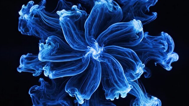 Abstract blue flower blooming from ink diffusion in dark background, surreal visual art